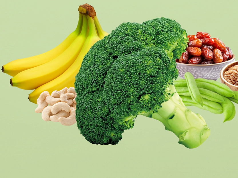 Ballaststoffreiche Lebensmittel: Bananen, Brokkoli, Cashewkerne, grüne Bohnen, Datteln und Leinsamen