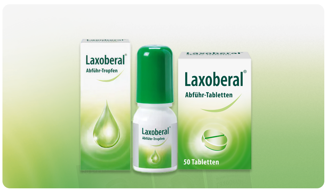 Laxoberal Abführ-Tropfen und Abführ-Tabletten im Vergleich – Verpackung und Flasche